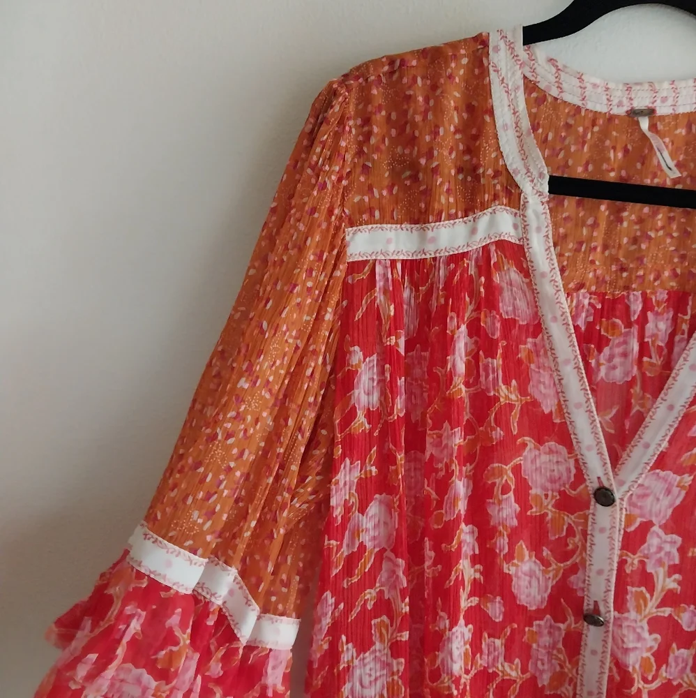Free People Orange & Red Patchwork Floral Semi Sheer Boho Babydoll Tunic Dress
